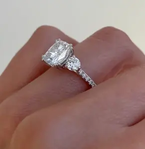 925 Silver 3.10CT <b>Cushion</b> Cut VVS1 Moissanite 3 Stone <b>Ring</b> for Women - Product Image 3