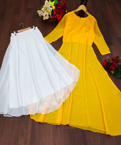 Latest Alphanumero Ethnic Garment Long Flair Kurti Skirt New Launch Cotton Rayon Low Price Surat Gujarat <b>Market</b> Handmade Weaving - Product Image 1