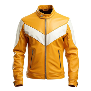 Chaquetas de moto de carreras de pista de cuero de piel de oveja auténtica Blanca Amarilla de alta calidad, chaqueta de motocicleta de turismo para hombres - Product Image 1
