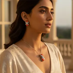 Juego de Joyería Fina para Mujer, Aretes y Colgante de Coral Plateado, Chapado en Oro con Circonita, Estilo Clásico para Fiestas y Bodas - Product Image 3