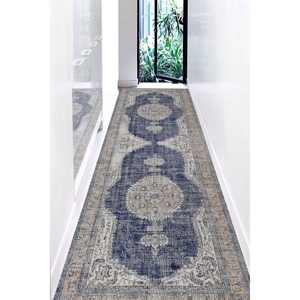 Tapis turc bleu marine : motif ethnique délavé, tapis antidérapant, tapis doux non tissé - Product Image 4