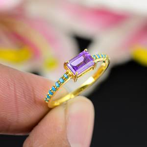 Bague fine en argent sterling 925 plaqué or vintage Améthyste naturelle et pierre précieuse turquoise Bijoux de mariage et de fête à la mode - Product Image 3