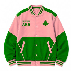 อัลฟ่า |   คาปา |   เสื้อแจ็คเก็ตอัลฟ่า โซโรริตี้ สีเขียวและชมพู แบบตัวอักษรกรีก สไตล์บอมเบอร์ ปักลายแบบวิทยาลัย สำหรับผู้หญิง - Product Image 1