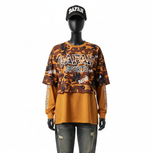 Chemise en coton double couche pour femmes, extérieur et intérieur, camouflage marron, panneaux de couleur contrastée, logo imprimé sur écran personnalisé, chemises en coton double couche - Product Image 1