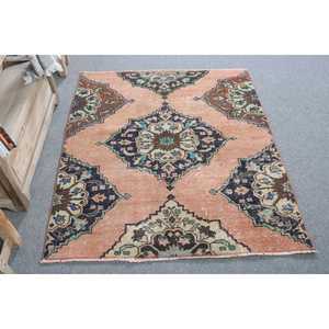 Vintage Accent Rug, 3.6x4.2 ft Turkish Rug, <b>Brown</b> Floral <b>Wool</b> Rug - Product Image 1