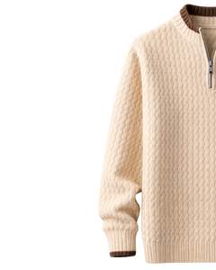 เสื้อสเวตเตอร์ผู้ชายแบบคอซิป 1/4  ผ้าถักเนื้อวาฟเฟิล สีเบจ คอริบ  ให้ความอบอุ่นสำหรับฤดูหนาว สไตล์ลำลอง  รับผลิตตามแบบ OEM - Product Image 2