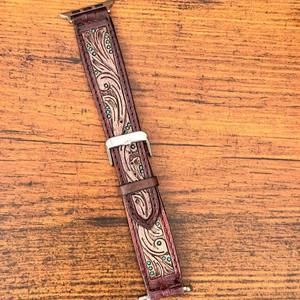 New Real Handmade Genuine Leather Custom Design Western Floral <b>Tooled</b> Painted <b>Watch</b> Bands Boho Western Replacement <b>Watch</b> <b>Straps</b> - Product Image 3