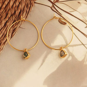 Natural moss agate gemstone <b>hoop</b> earrings <b>large</b> size <b>hoop</b> handmade earring brass 18k gold plating everyday wear earring - Product Image 6
