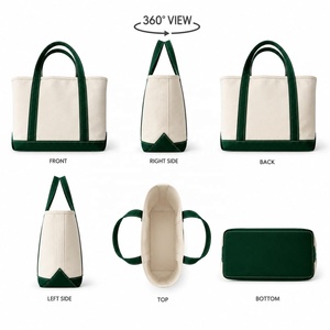 MORGANS INDUSTRIES <b>Canvas</b> <b>Tote</b> Bag Cream Green Handles Minimalist Style Open Top Zipper Closure Solid Color Daily Use All - Product Image 2