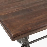 Table à manger en bois de teck rectangulaire avec plateau en nickel antique et base en fonte industrielle, magnifique pour la salle à manger, la cuisine et l'hôtel