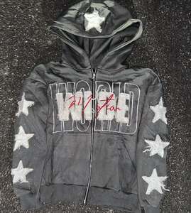 Veste polaire délavée vintage acide avec broderie en strass du fabricant personnalisée pour hommes Streetwear Sweat à capuche zippé - Product Image 6