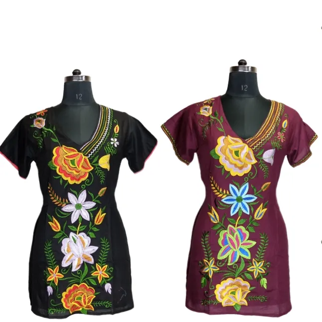 Kain Rayon Gaun Mini Gaya Multi Warna Gaun Meksiko Desain Boho Mode 2022 Pakaian Tradisional Wanita Gaya Cetak Bunga