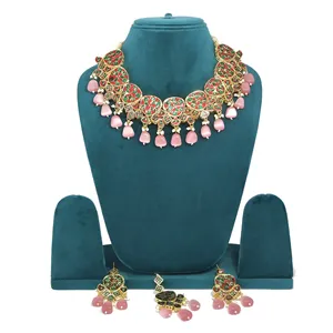 Parure de collier Kundan double couche complexe, plaqué or rouge clair, bijoux raffinés pour mariages, avec zircon et acier inoxydable - Product Image 2