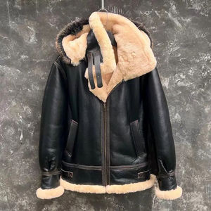 Veste bomber pilote en cuir d'agneau véritable pour homme, taille XS, mode hiver 2025, doublure en laine épaisse, capuche en fourrure véritable - Product Image 2