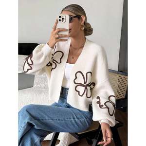 Women's Casual Floral Print Knitted Puff Sleeve Long Sleeve <b>Cardigan</b> with <b>Buttons</b> - Product Image 6
