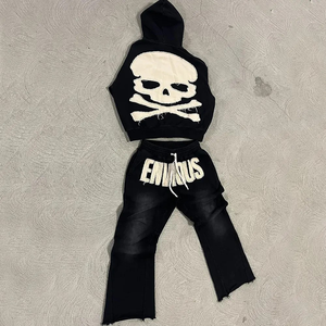 Ensemble de survêtement personnalisé pour hommes, avec doublure en polaire 100% coton, survêtement, jogging, appliqué avec patch vieilli, ourlet brut - Product Image 5