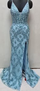 เดรสทรงนางเงือกสีฟ้าสุดหรูเปิดหลังมีไข่มุกปักลายด้านข้างคอปาดป้องกันไฟฟ้าสถิตย์สำหรับค็อกเทล - Product Image 5