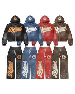 Custom 100% Cotton Terry Acid Washed Rhine stone with Flare <b>Shorts</b> <b>Hoodie</b> Jogger <b>Set</b> for <b>Men</b> Digital Printed for winter - Product Image 1