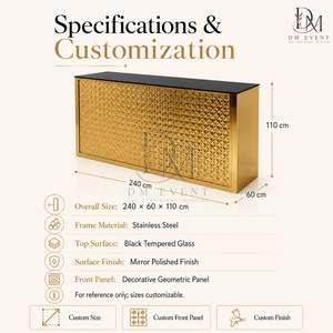 Barra de Bar Desmontable para Eventos de Hotel, con Panel Texturizado con Tachuelas de Acero Inoxidable Dorado Personalizado y Cubierta de Vidrio Templado Espejado - Product Image 5
