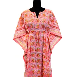 Silk Kaftan Comfortable Luxury Long Size Hand Block Printed Soft Cotton Voile Kaftan Nightwear For Sale