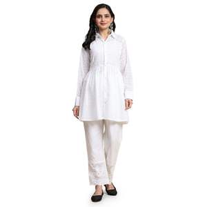 Conjunto Casual de Algodón Schiffli para Mujer de Trendmalls, Conjunto de Kurta y Pantalón por Encima de la Rodilla, Impermeable y Transpirable (C16-Blanco) - Product Image 1
