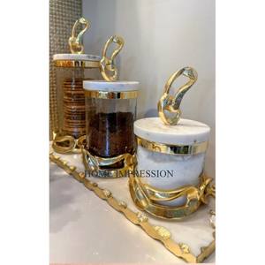 Solid Brass Gold Color Clear <b>Glass</b> Sugar <b>Jar</b> Canister Trending Designing Kitchen Storage Canister Round Shape Container in India - Product Image 4