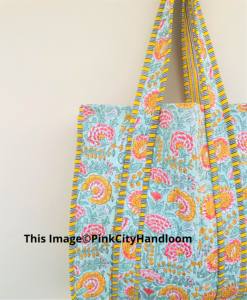 Hand Block Printed Indian Handmade Cotton Shopping Tote Bag Women Tote Bag Handmade Block Printed Quilted Shoulder Bag - Product Image 4