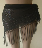 Pareo de flecos negros para mujer, ropa de playa, pareo de playa con cuentas de Swarovski, corbata de tamaño bordado, pareo con forma de triángulo de Pario