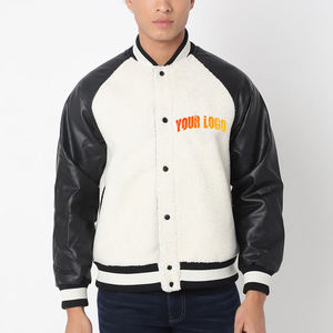 Vestes de baseball pour hommes de haute qualité en noir et blanc, tissu 100% coton, manches en cuir, col côtelé, taille oversize, veste d'hiver - Product Image 1