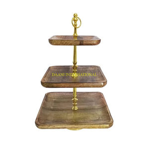 2 Tier Acacia Wood Dessert <b>Stand</b> With Gold Handle Elegant Serving Tray For <b>Cupcakes</b> Pastries Fruits Snacks and Kitchen Display - Product Image 6