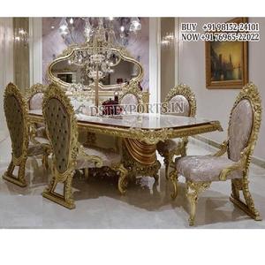 Table à manger en teck sculpté avec feuilles d'or et chaises élégantes, design moderne, ensemble de salle à manger 6 places - Product Image 1