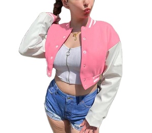 OEM Custom Logo <b>Women</b> Streetwear Blank Plain Baseball Crop <b>Jackets</b> Customized <b>Women's</b> Cropped Varsity <b>Jacket</b> for Your Brand - Product Image 1
