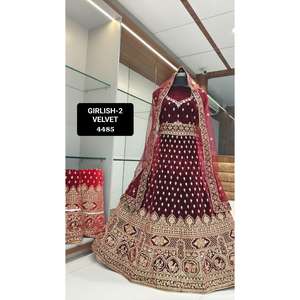 Terciopelo hecho a mano de calidad superior Lehenga Choli Color marrón bordado trabajo algodón red tela recepción fiestas suministro indio - Product Image 5