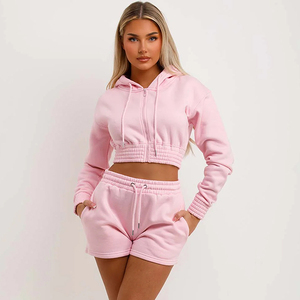 Conjunto de pantalones cortos y Sudadera con capucha recortada informal para mujer 100% algodón patrón sólido logotipo personalizado conjuntos más vendidos - Product Image 4