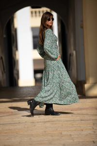 ชุดเดรสยาวพิมพ์ลายดอกไม้สไตล์ลำลองหรูหราสำหรับผู้หญิง แขนยาว เอวธรรมชาติ แต่งระบาย - Product Image 2