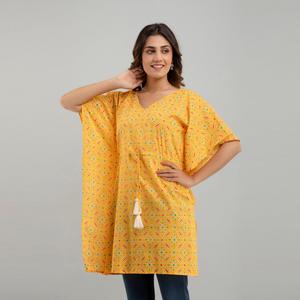 Yellow Bandhani Print Cotton Kaftan Dress Hand Drawn Pakistani Style Indian Salwar Kameez Stitched Clothing (SHKUP1231) - Product Image 4