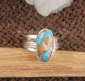Bague en cuivre turquoise d'huître épineuse naturelle-Bague large en argent sterling 925 pour femme en gros faite à la main - Product Image 4