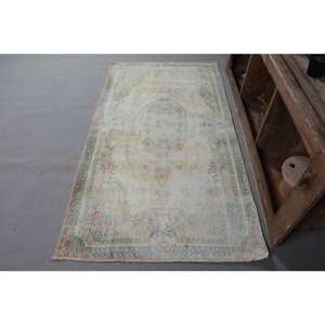 Vintage 3.6 X 6.6ft Yellow Turkish Wool Rug Handmade Classic Large Area Abstract Patchwork Rectangular Hallway Design Latex - Product Image 1