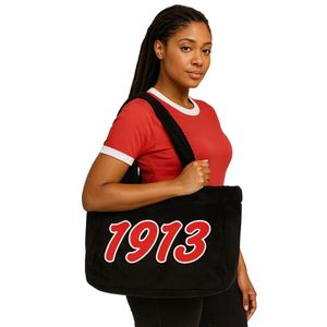 Borsa Tote di pelliccia Delta confraternita greca DST nera con lettere ricamate bianche rosse 1913 peluche borsa regalo di confraternita di vita greca - Product Image 1