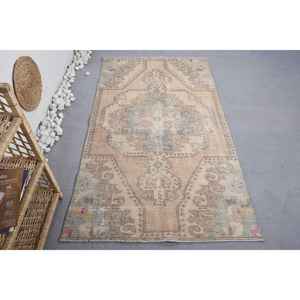 Vintage 3.8x6.6ft Beige Bleu Géométrique Turc Tapis Classique Grande Surface Laine Latex Rectangulaire Patchwork Design Chambre Couloir - Product Image 1