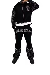 Pantalon évasé et sweat à capuche zippé avec logo personnalisé de style unique de qualité supérieure survêtement Streetwear avec strass et sérigraphie - Product Image 2