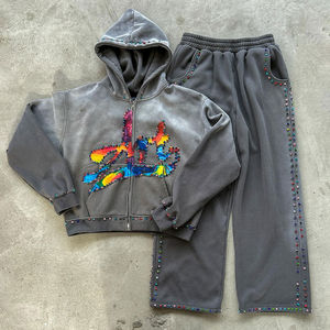 Nuevo Diseño Otoño Vintage Lavado Estilo Urbano Conjunto de Dos Piezas con Sudadera con Capucha Invierno Personalizado Multicolor Pedrería Desteñido por el Sol 100% Algodón - Product Image 4