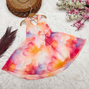 Robe de soirée/mariage Shoryam pour filles, imprimé numérique multicolore, sans manches, entièrement cousue, longueur genou, douce et fluide - Product Image 1