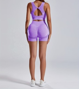 Women's 2-Piece Yoga Set Purple Seamless Crop <b>Top</b> High Waist Shorts Sleeveless Racerback Elastic Waist Solid Color Workout Wear - Product Image 2