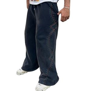 Vente chaude incurvé rayé coton lourd pantalons pour hommes unisexe surdimensionné strass jambe droite pantalons de survêtement pour hommes - Product Image 1