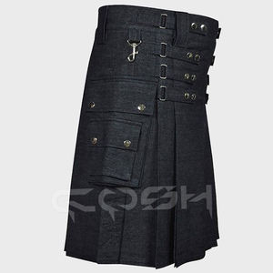 Kilt utilitario de mezclilla negra duradera para hombre con bolsillos, ropa de trabajo moderna y ropa de calle, fabricante de Kilts de moda - Product Image 2