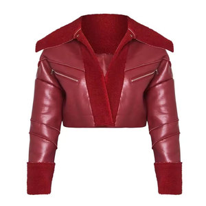 Chaqueta de Cuero Sintético Roja para Mujer, con Cuello de Piel, Manga Larga, Cierre de Cremallera, Chaquetas de Cuero de Marca Privada - Product Image 1