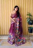 Sutra katun Linen lembut Saree cetak Digital untuk orang dewasa Batik Floral anyam seluruh tubuh dengan kaya perak batas palet etnis