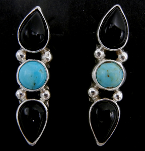 Boucles d'oreilles Navajo Double Onyx, Turquoise et Argent Sterling - Product Image 2