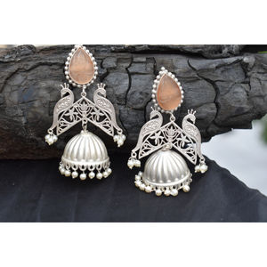 new design handmade traditional silver look alike brass stone <b>stud</b> big jhumka hoop earing for <b>girls</b> and women - Product Image 1